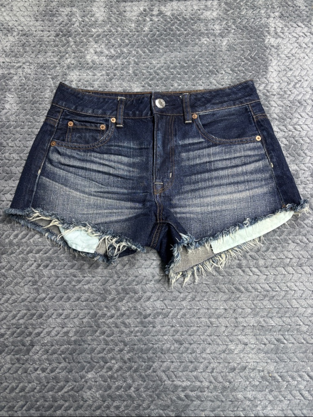 American Eagle Dark Blue Denim Frayed Hem Women's Shorts